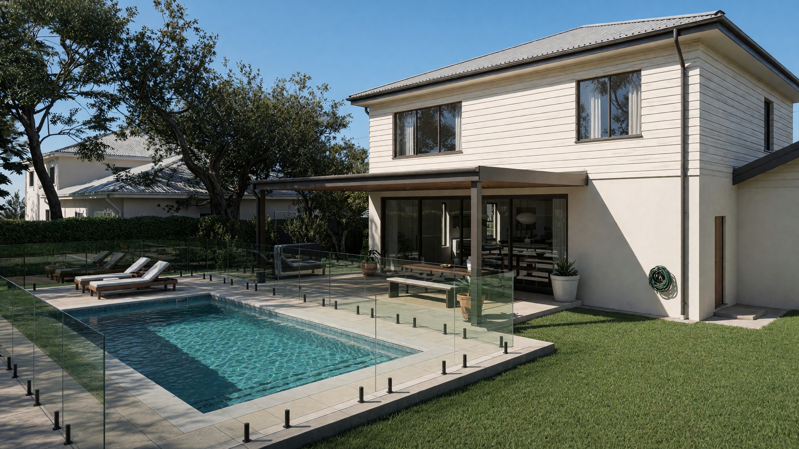 The back garden: pool, glass fence, alfresco and lawn