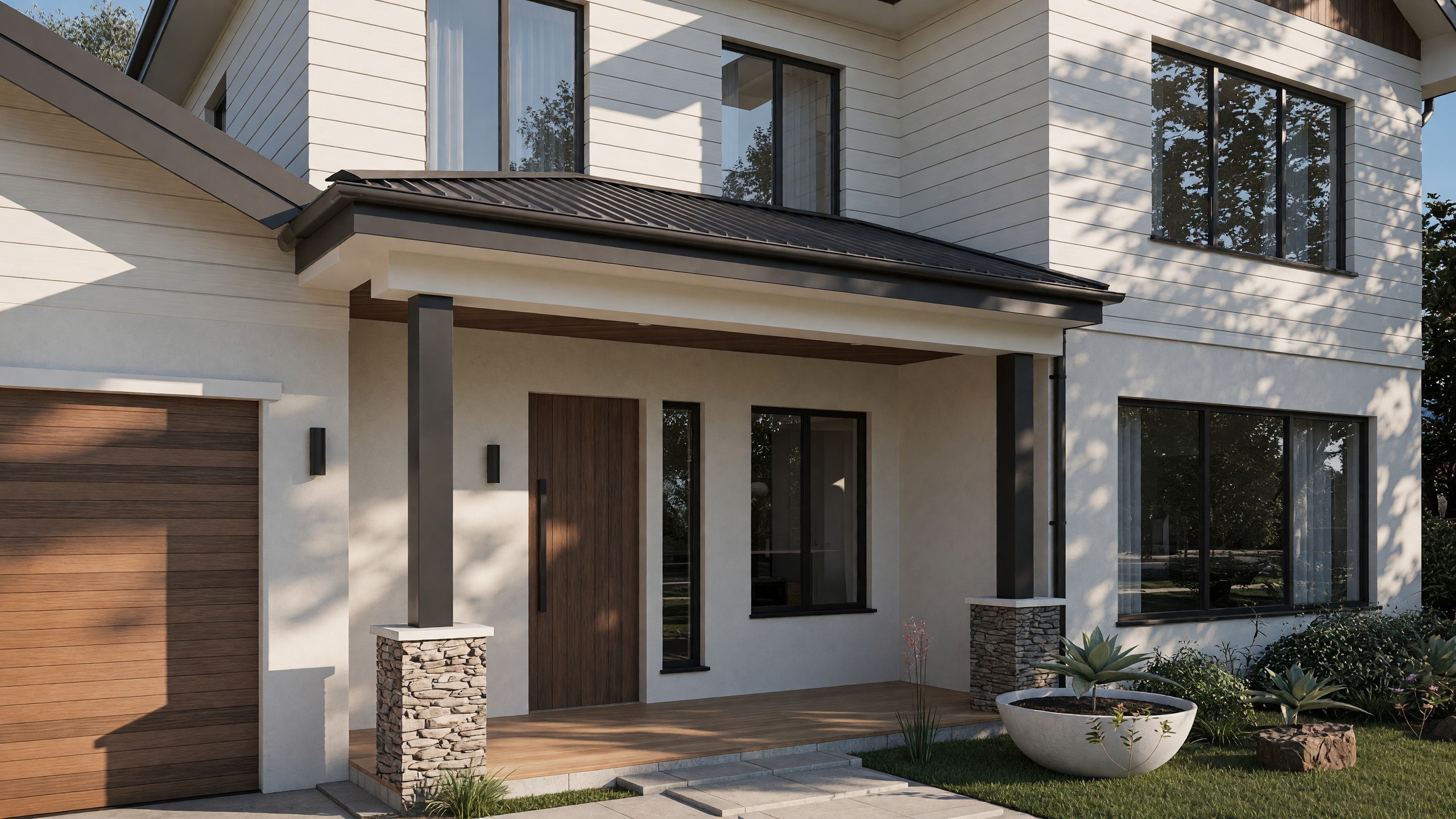 The covered entry: stone piers, a timber front door and wall lights