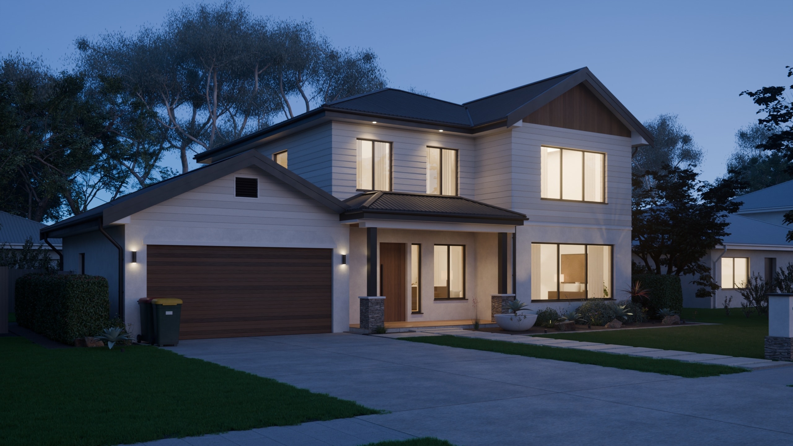The finished home at dusk