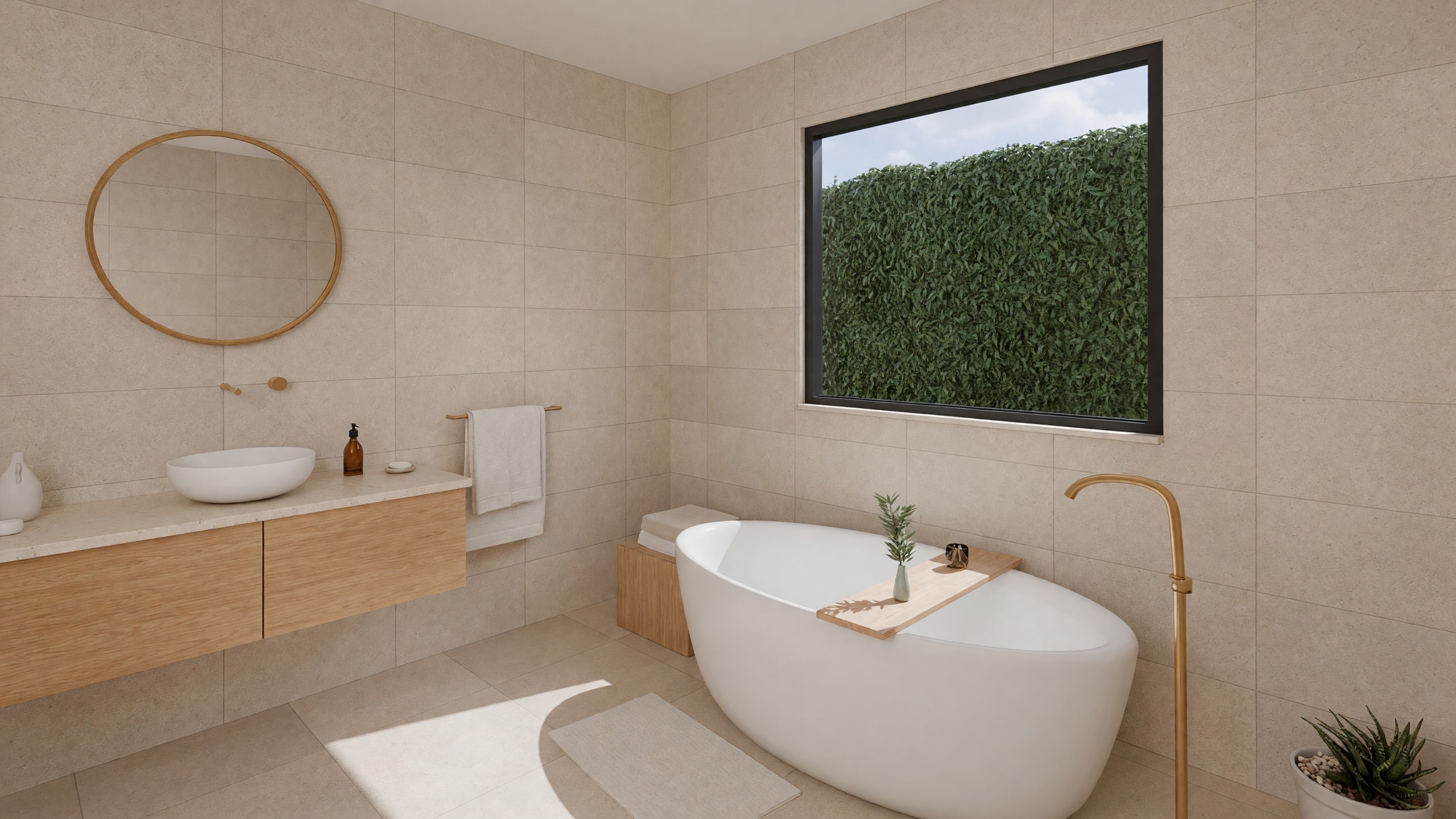Ensuite with a freestanding bath under a garden window