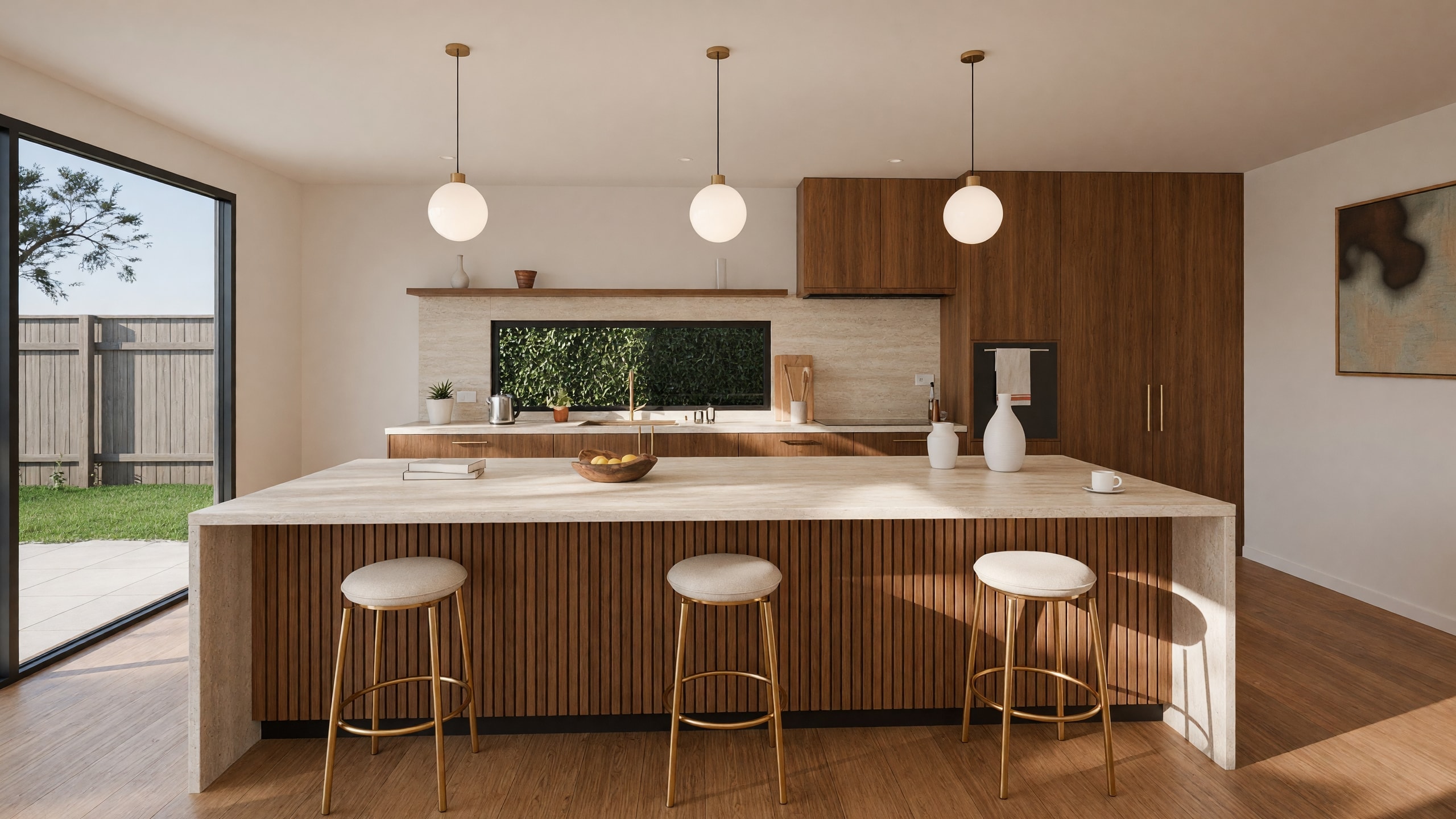 Kitchen in walnut with travertine and brass