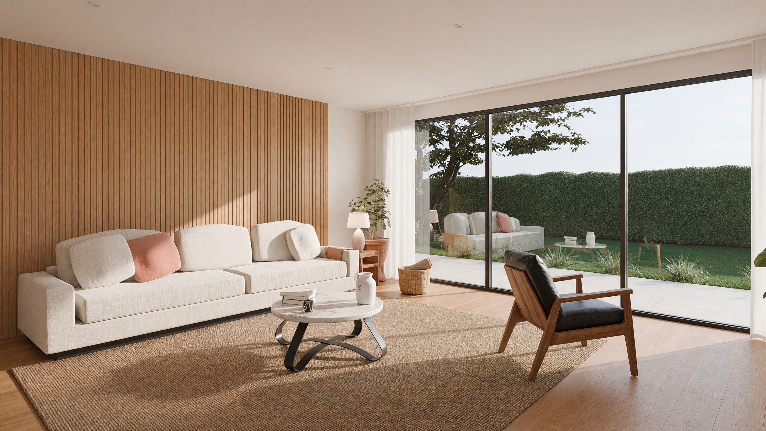 Living room with a linen sofa, oak batten wall and glass to the garden